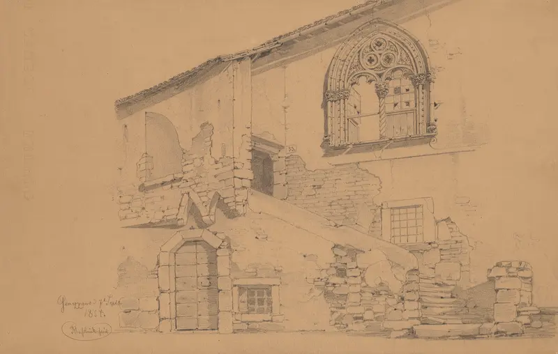 Watercolour by Arthur Blaschnik depicting a medieval building in Genazzano with a decorated window.