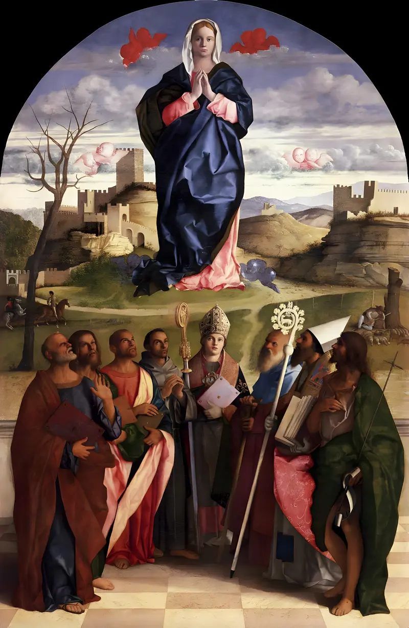 Virgin Mary in the Glory with Saints by Giovanni Bellini, showcasing a celestial vision of Mary surrounded by saints.
