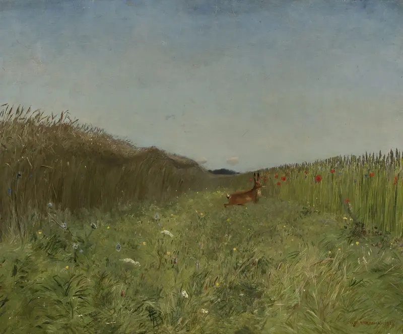 Hare in the grain, oil on canvas by Jozef Chelmonski