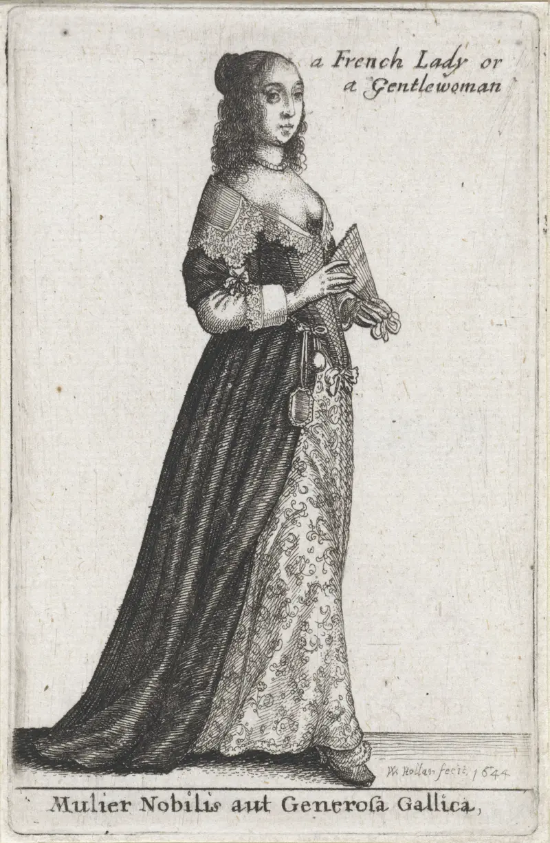 Portrait of a French lady in elegant dress, etching by Wenceslaus Hollar