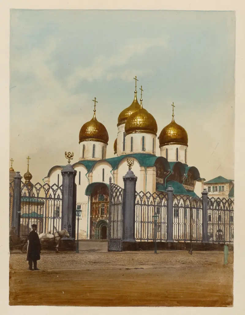 Uspenskii sobor v Kremle by J. Daziaro, oil painting depicting domes against a cobalt sky.