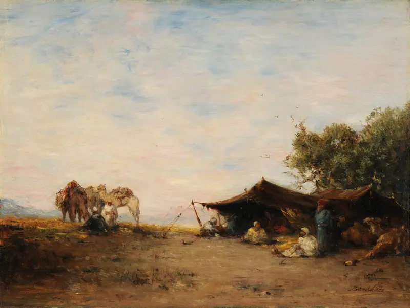 Landscape oil painting by Narcisse Berchère featuring vibrant hues and dynamic movement.