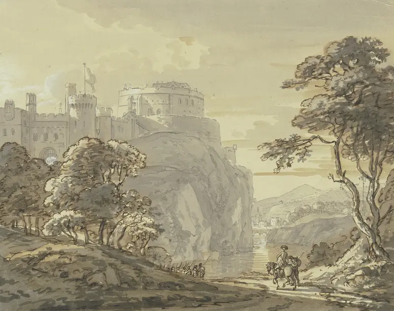 View of Windsor Castle, Romanticism, by Paul Sandby, depicting a castle, river, and rolling hills.