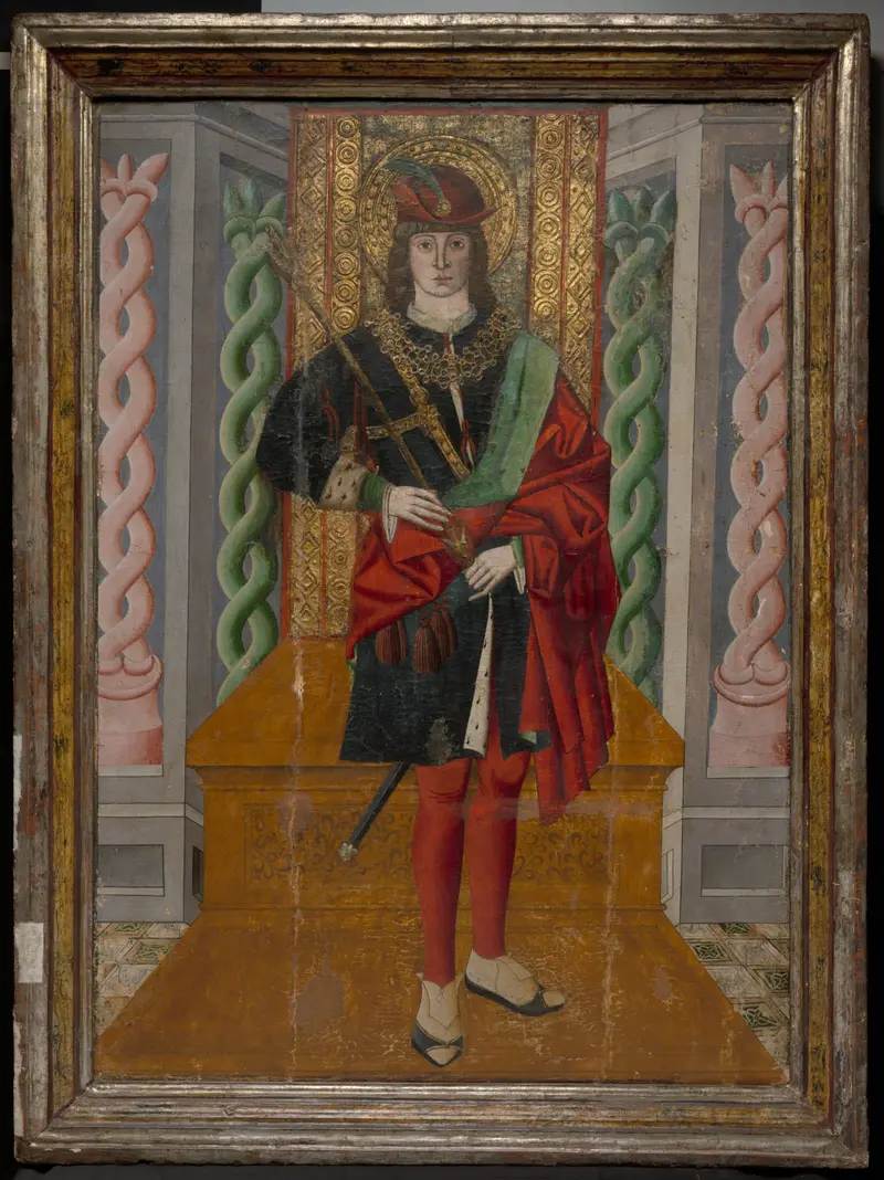 Saint Sebastian, tempera on panel, Spanish artist, figure pierced by arrows