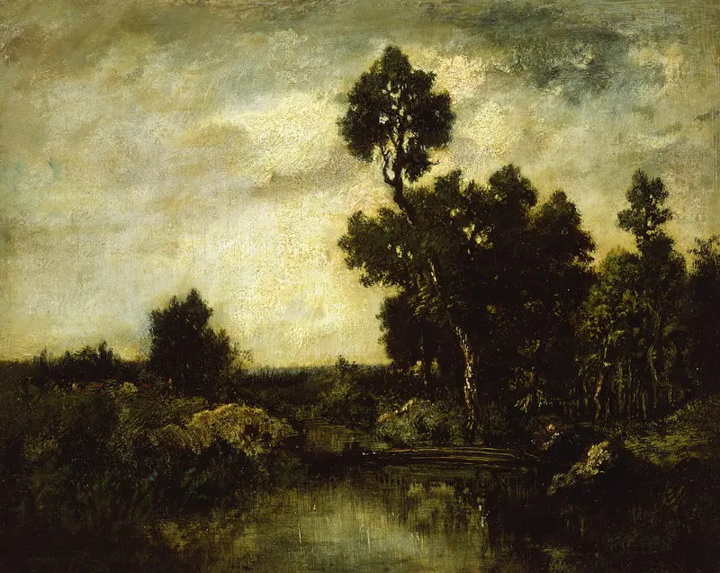 Landscape by Théodore Rousseau, oil on panel depicting a forest with dappled light.