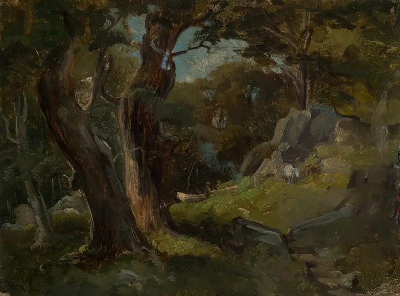 Waldlichtung mit Pferden by Eugen Bracht, oil painting depicting horses in a forest with golden light.