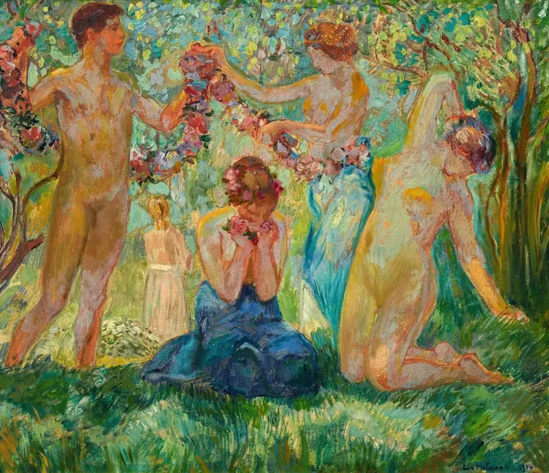 A vibrant painting depicting dancers adorned with flower garlands.