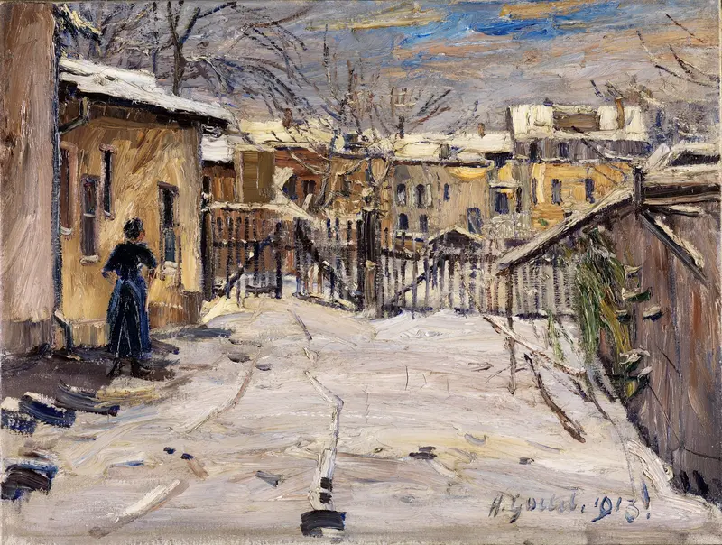 Hof im Schnee by Hermann Goebel, oil on canvas depicting a snowy village landscape