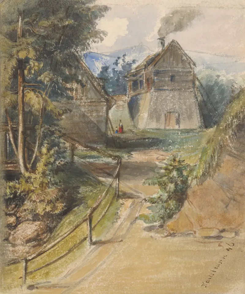 Watercolour by Friedrich Carl von Scheidlin depicting a tranquil landscape with mist.