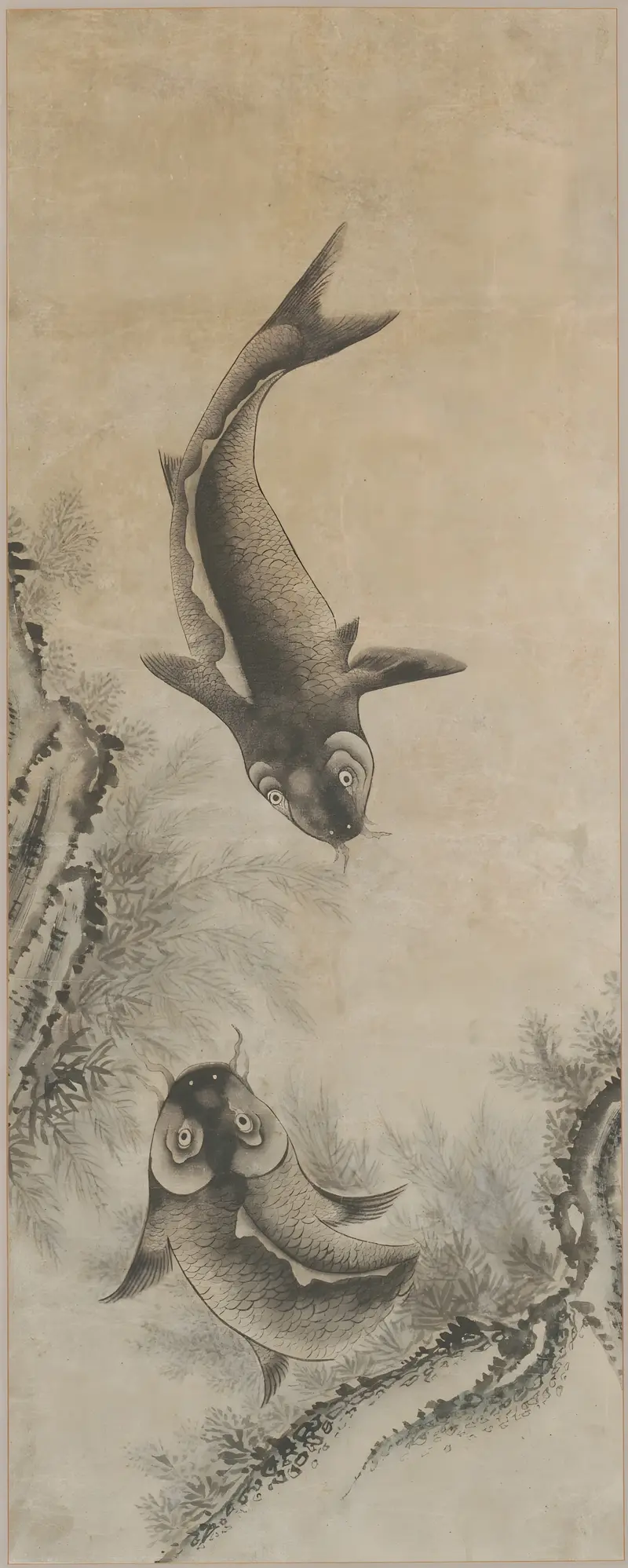 Two carp swimming gracefully in water, paper medium by Korea