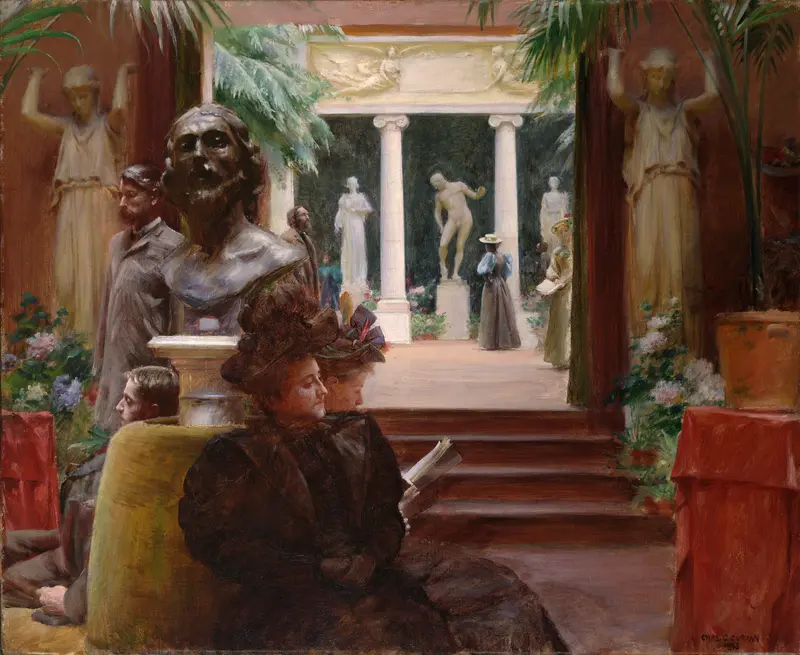 A vibrant scene depicting figures at a sculpture exhibition.