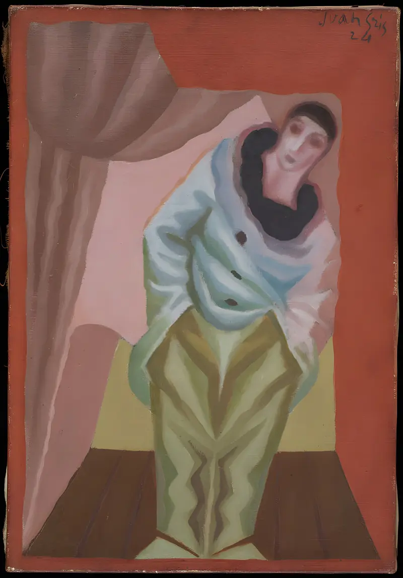 Le Pierrot au Rideau by Juan Gris, oil on canvas depicting a melancholic pierrot with a vibrant curtain.