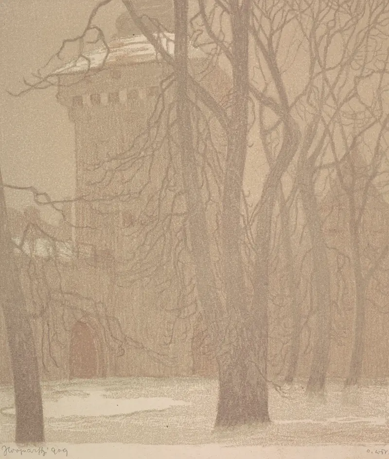 Landscape with towers and soft colors by Jan Wojnarski, 1909