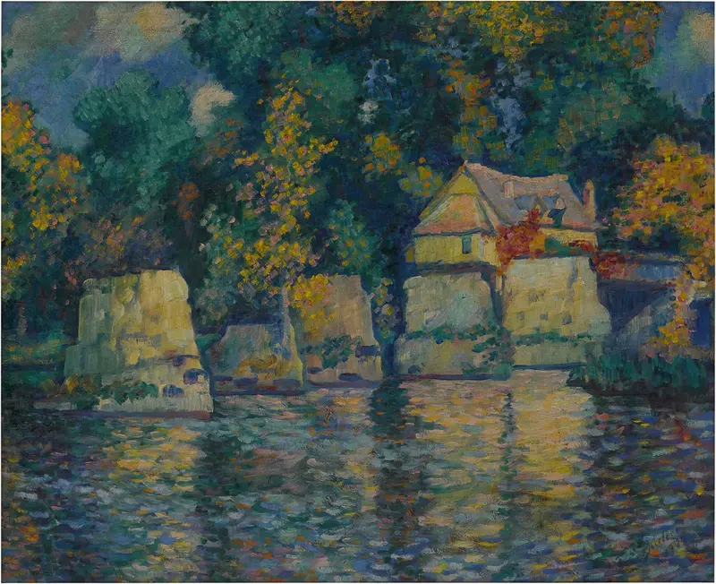 Red Bridge at Vernon by Theodore Earl Butler, oil on canvas depicting a red bridge over water
