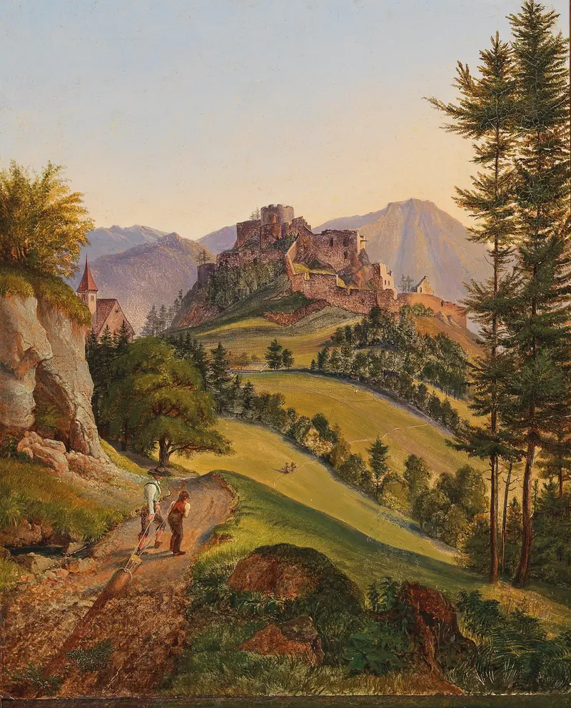 Ruins of a castle enveloped by nature, oil painting by Gustav Reinhold