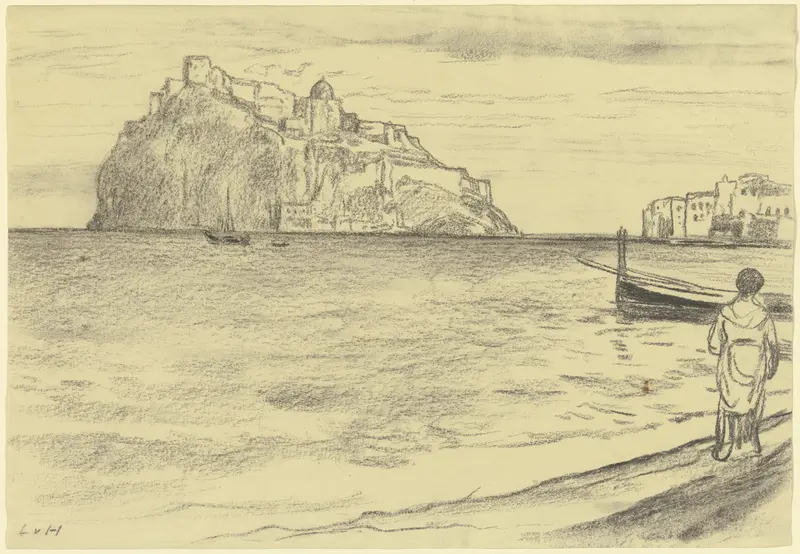 A picturesque landscape painting of Castle d’Ischia by Ludwig von Hofmann.