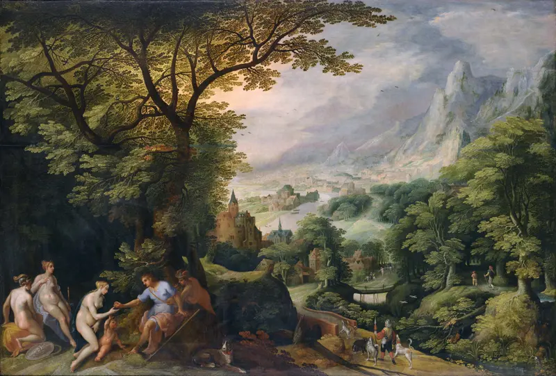 Landscape with the Judgement of Paris by Gillis van Coninxloo, oil painting depicting mythological figures in a lush forest.