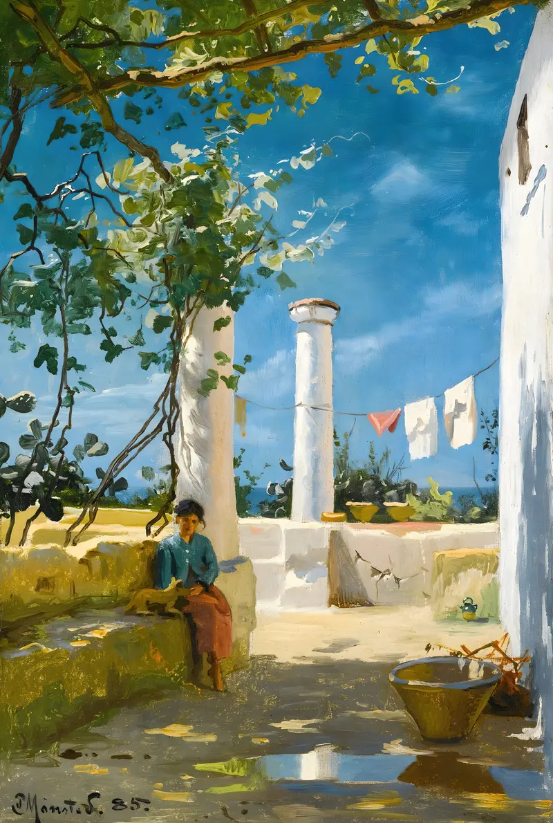 Summer In Capri, oil on canvas by Peder Mørk Mønsted, depicting a coastal scene with sunlight on water.