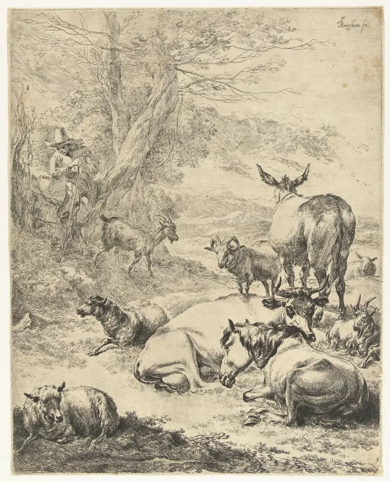 Etching by Nicolaes Pietersz Berchem depicting a shepherd with a resting flock