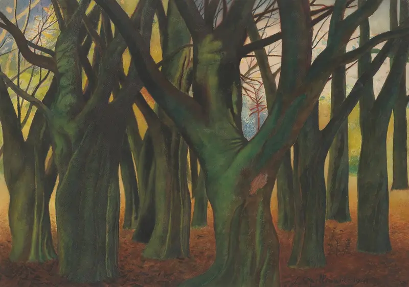 A painting of green trees by Léon Spilliaert.