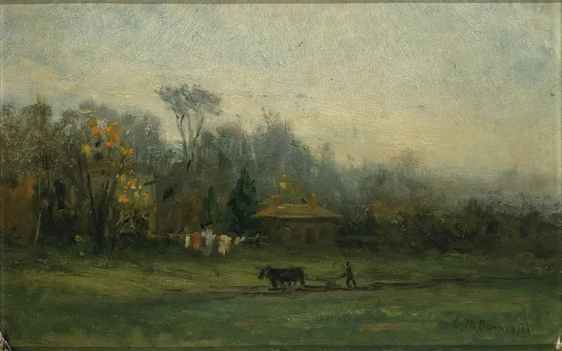 Oil on canvas by Edward Mitchell Bannister showing a man plowing fields.