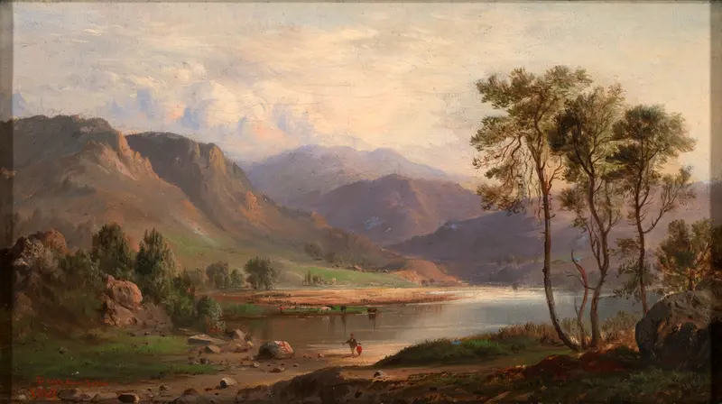 Loch Long by Robert S. Duncanson, oil painting depicting a serene landscape with hills and a loch.