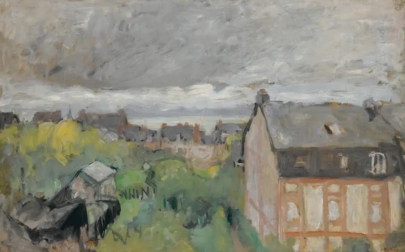 Les Toits Mauves, oil on canvas by Édouard Vuillard, depicting a vibrant village landscape.