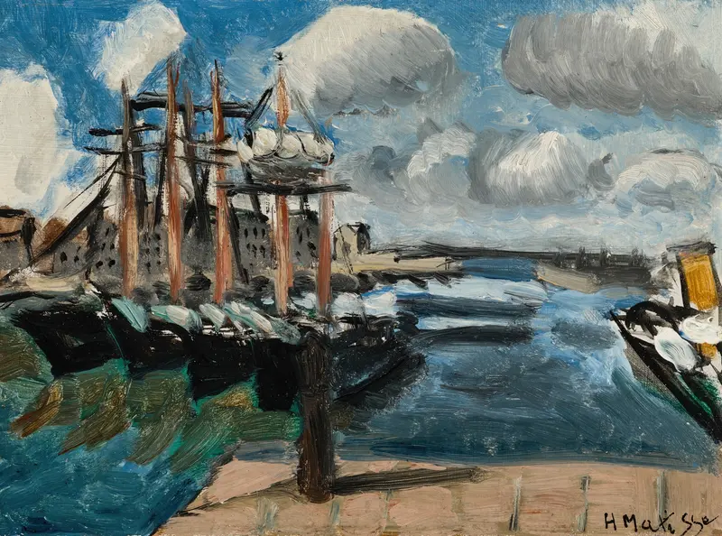 Port de Cherbourg by Henri Matisse, oil on canvas depicting boats and waves in vibrant colors.