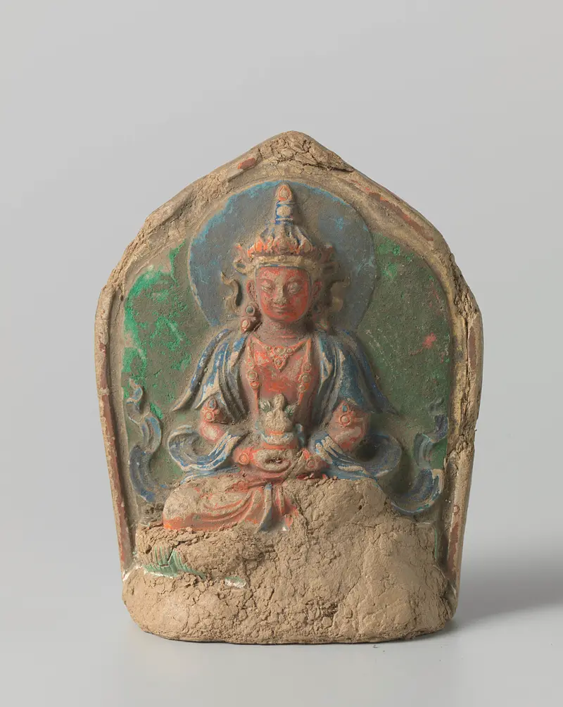 Amitayus, a Buddhist art piece depicting a serene deity in vibrant colors by Unknown Artist.
