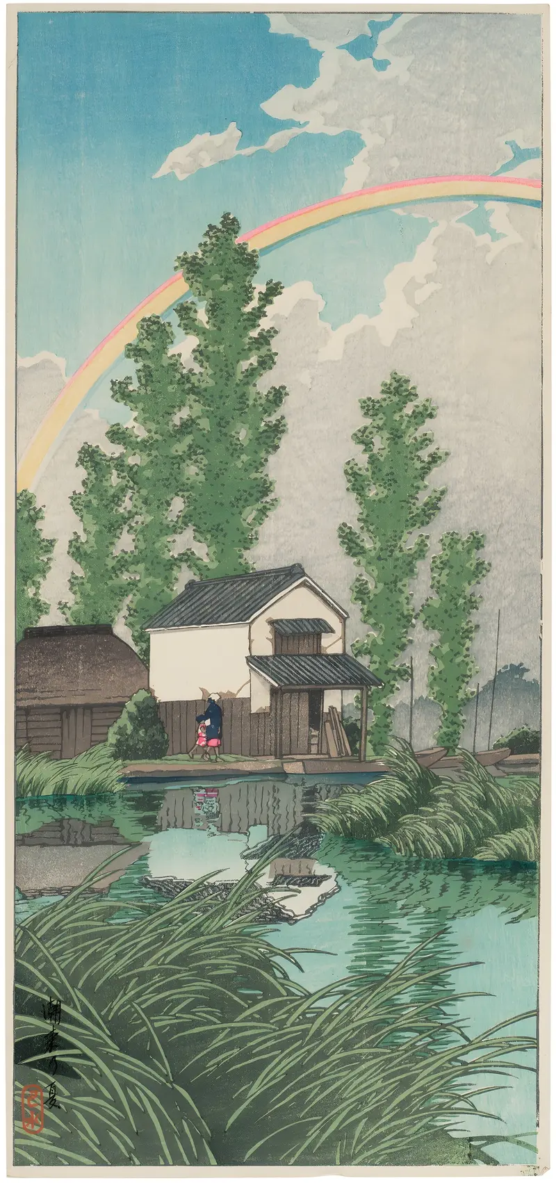 Ukiyo-e by Kawase Hasui depicting a summer landscape with river and sky