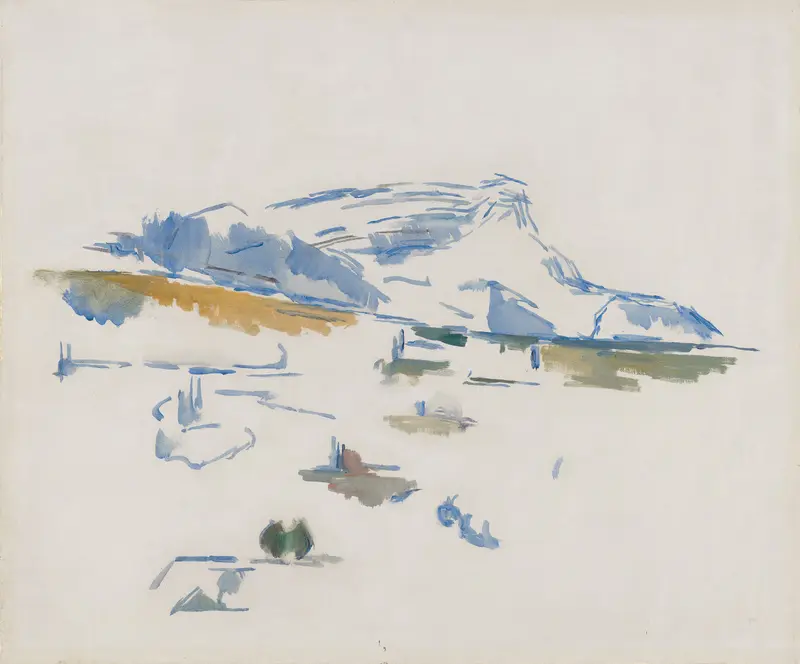 A jagged blue mountain ridge rises above ochre and green foothills on a mostly bare canvas with visible brushstrokes.