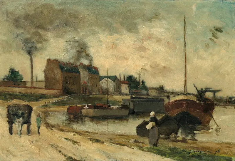 Les usines Cail et Quai de Grenelle by Paul Gauguin, oil on canvas depicting factories under a moody sky.