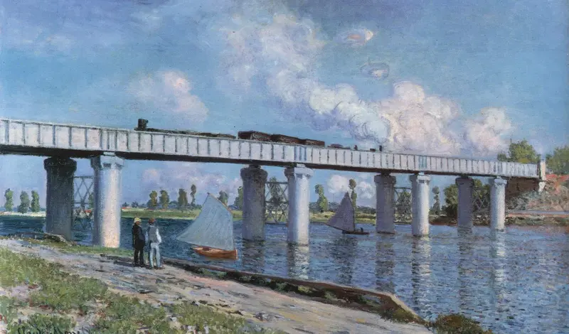 A vibrant Impressionist painting of a railway bridge over a sunlit river.
