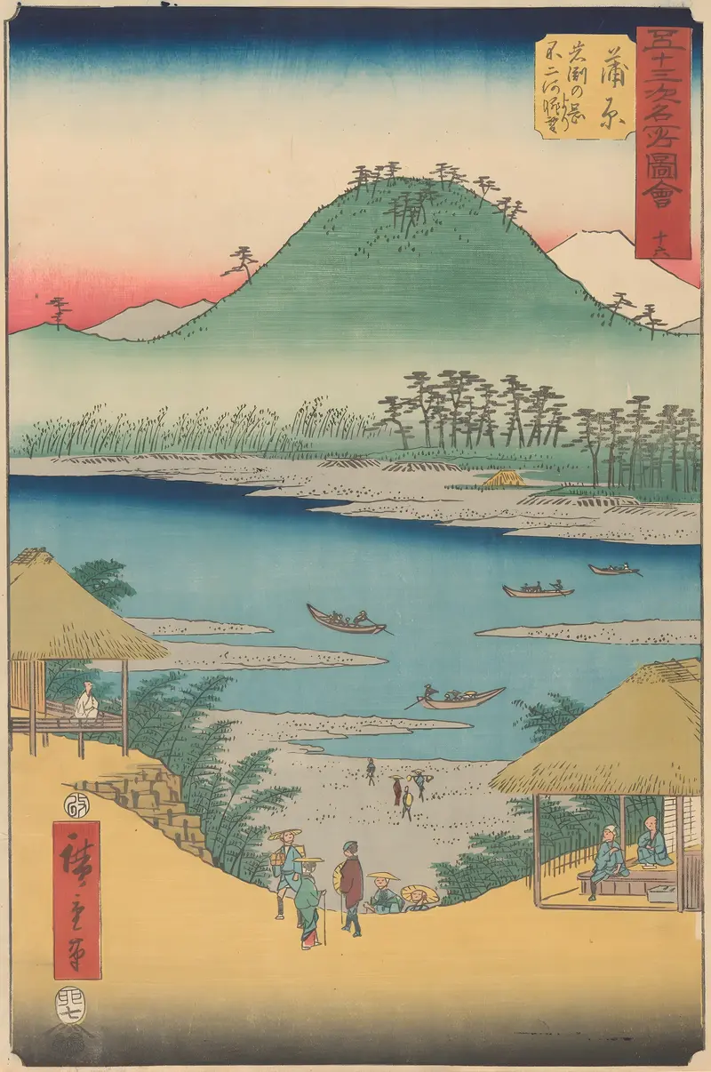 Woodblock print by Utagawa Hiroshige depicting a serene landscape with trees and a gradient sky.