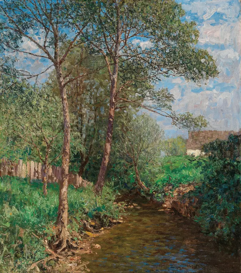 A sunny landscape with stream, oil painting by Alfred Zoff, featuring lush greenery and golden sunlight.