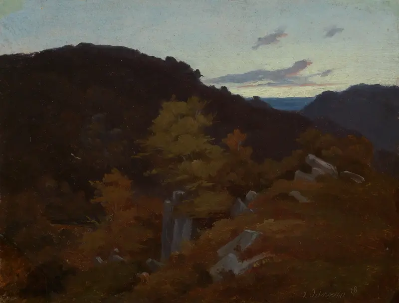 Landschaft bei Bernau by Eugen Bracht, oil on canvas depicting hills and a serene sky.
