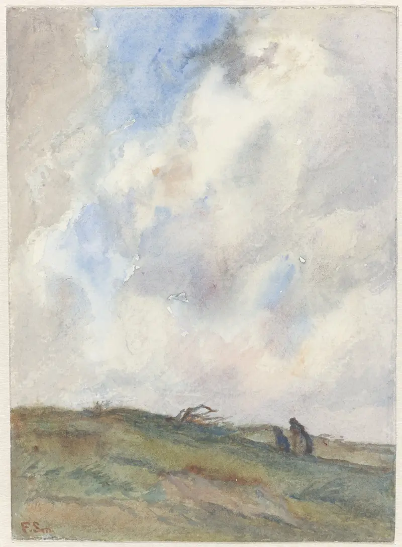 Duinlandschap bij storm met twee figuren by Frans Smissaert, oil painting depicting a stormy landscape with figures