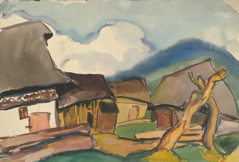 Genre scene depicting a village with homes by Zolo Palugyay, 1929