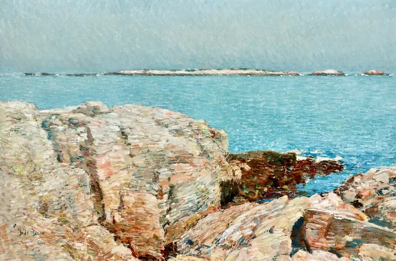 Duck Island by Childe Hassam, oil painting depicting a tranquil landscape with water reflections.