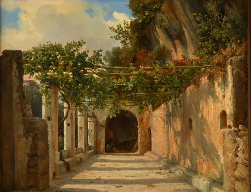 Tonnelle by Jacques-Raymond Brascassat, oil on canvas depicting a serene landscape with sunlight filtering through foliage.