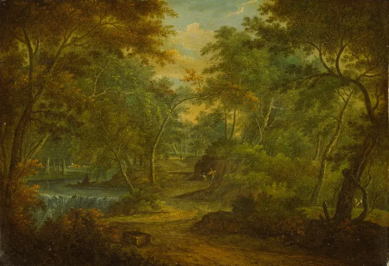 A wooded landscape with a stream and a fisherman, oil painting by Thomas Smith of Derby
