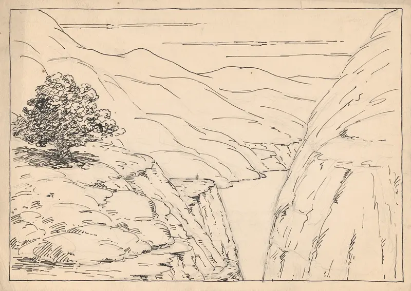 A river landscape with steep cliffs, oil on canvas by Herbert Crowley