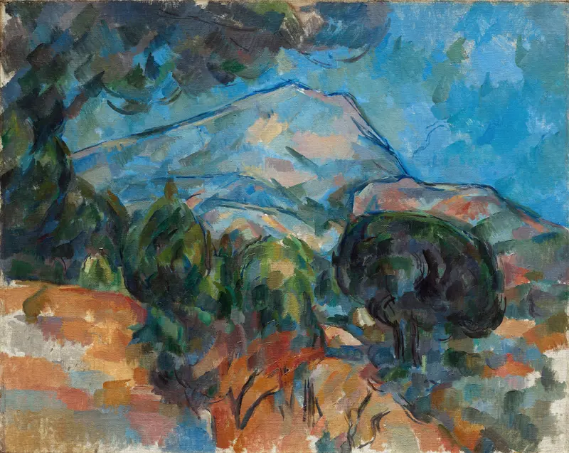 A mountain with angular blue and ochre slopes rises behind green trees and rocky terrain under a dynamic blue and white sky.