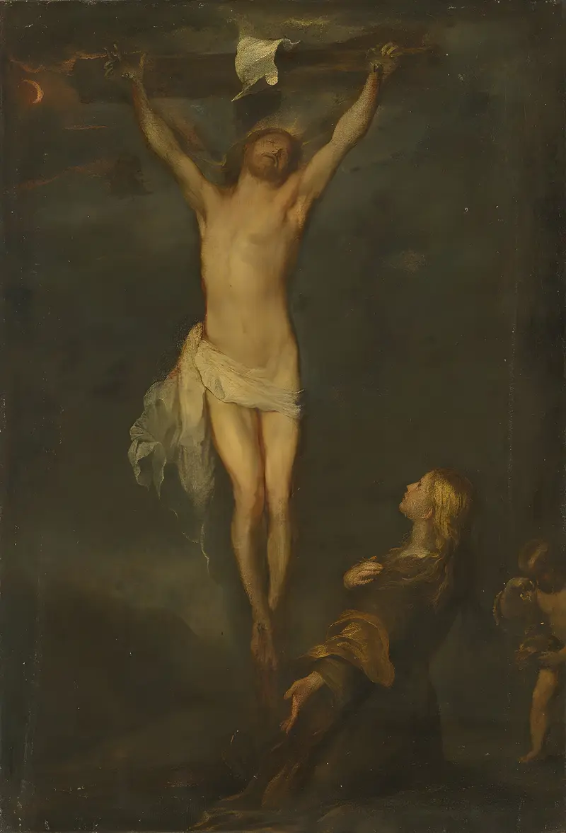This painting depicts the crucifixion of Christ alongside Saint Rosalia.