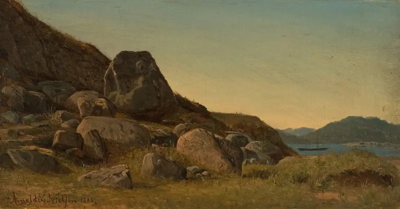 Sørlandsk landskap by Amaldus Nielsen, oil painting depicting a tranquil coastal landscape