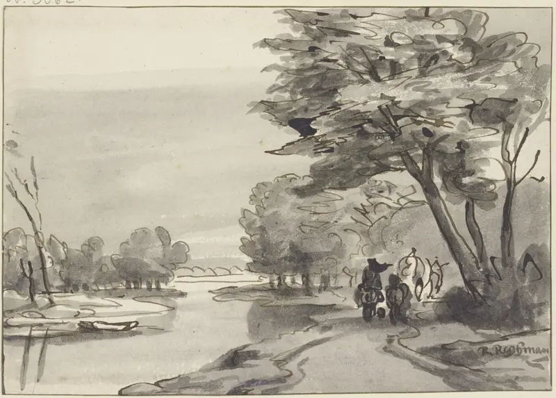 Landscape with forest and river, featuring a wagon and rider by Roelant Roghman.