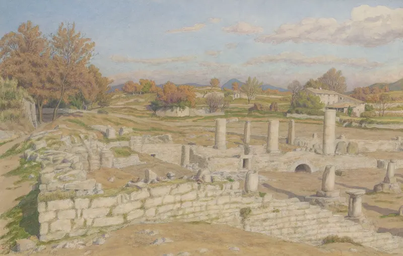 Watercolour by Henri Rivière depicting ruins and columns in Vaison