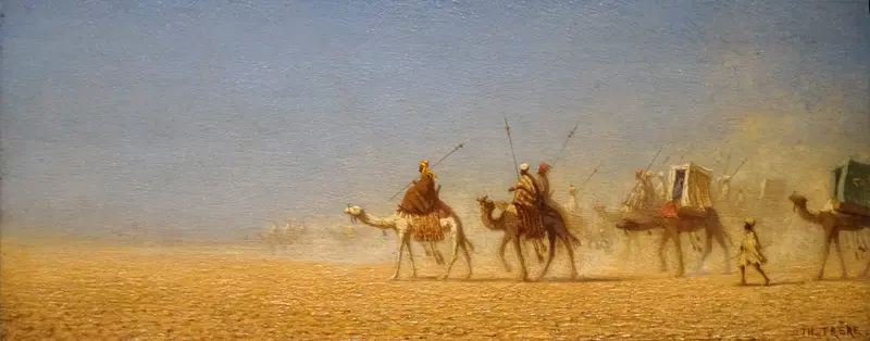 Caravane traversant le désert, oil on canvas by Charles Théodore Frère, depicting a caravan in a desert.