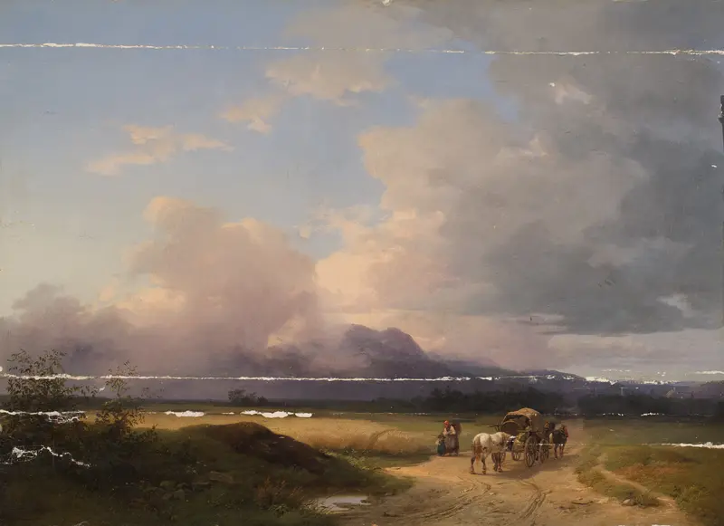 Voralpenlandschaft mit Fuhrwerk auf der Straße, oil on canvas by Ignaz Raffalt