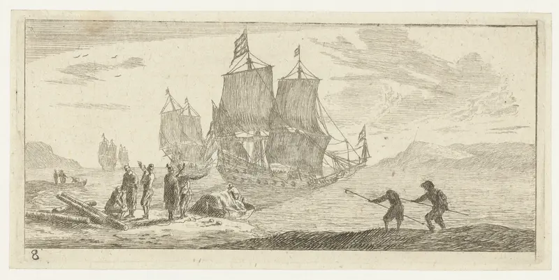 Vier grote zeilschepen in een baai by Reinier Nooms, etching depicting sailing ships in a calm bay at sunset